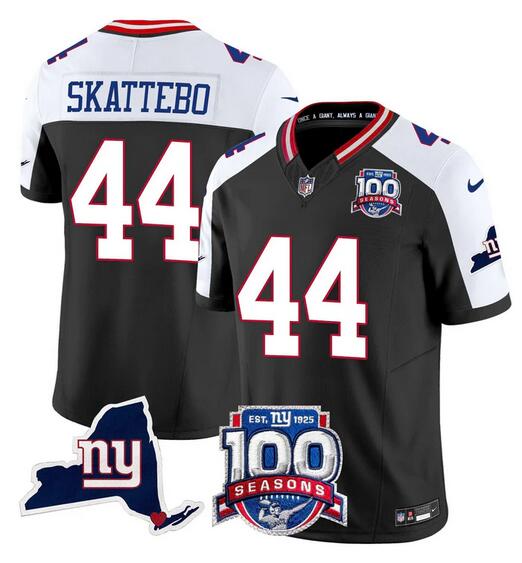 Men's New York Giants #44 Cam Skattebo Black/White 2025 Draft F.U.S.E. 100th Season & State Patch Vapor Limited Stitched Football Jersey Men's New York Giants #44 Cam Skattebo Black/White 2025 Draft F.U.S.E. 100th Season & State Patch Vapor Limited Stitched Football Jersey